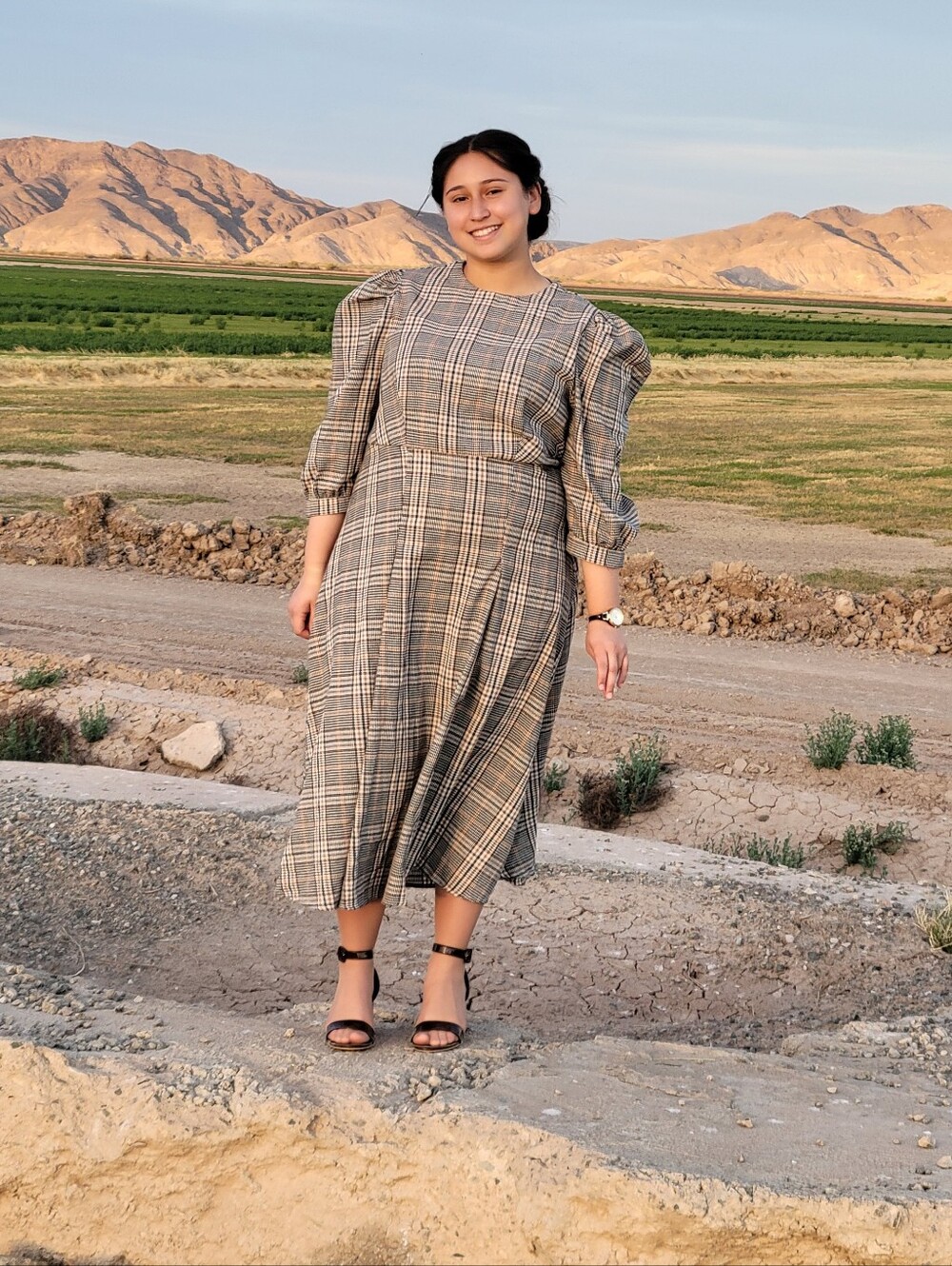 Puff Sleeves & Plaid Midi Dress XL